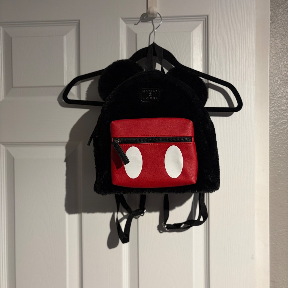 Disney Mickey Mouse Faux Fur Mini Backpack Black Red Ears Plaque